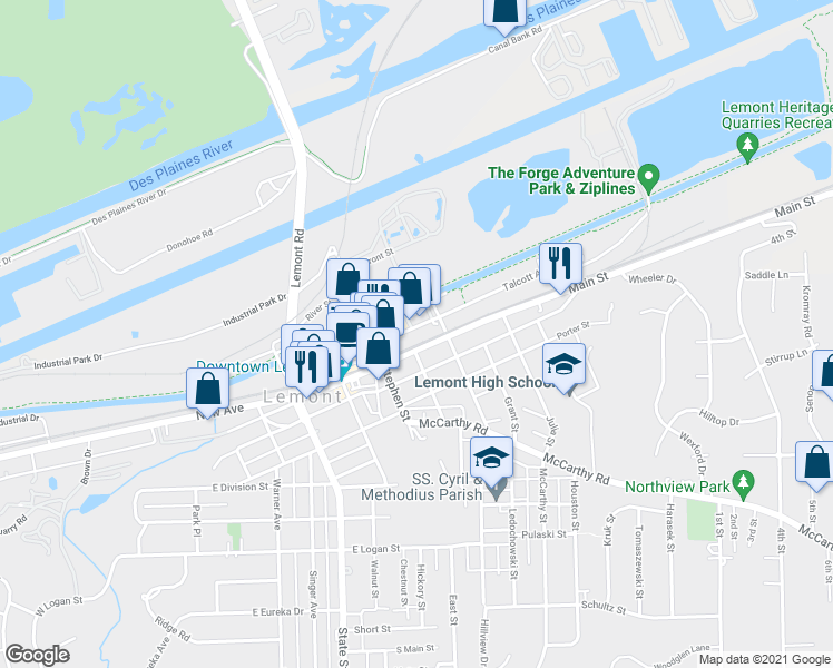 map of restaurants, bars, coffee shops, grocery stores, and more near 428 Talcott Avenue in Lemont
