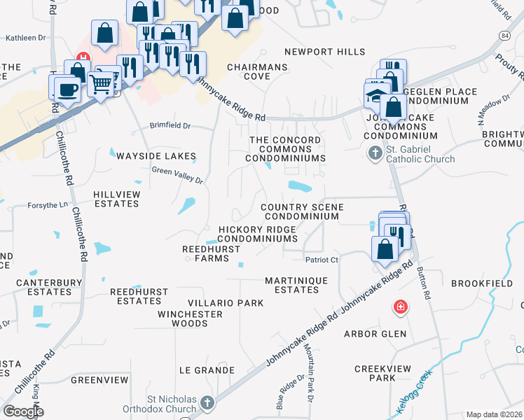 map of restaurants, bars, coffee shops, grocery stores, and more near 7152 Village Drive in Mentor