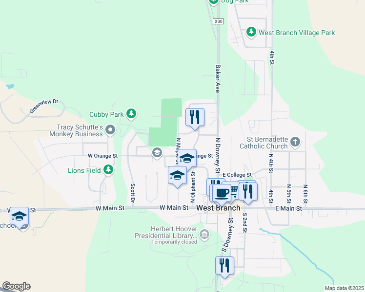map of restaurants, bars, coffee shops, grocery stores, and more near 419-499 North Maple Street in West Branch