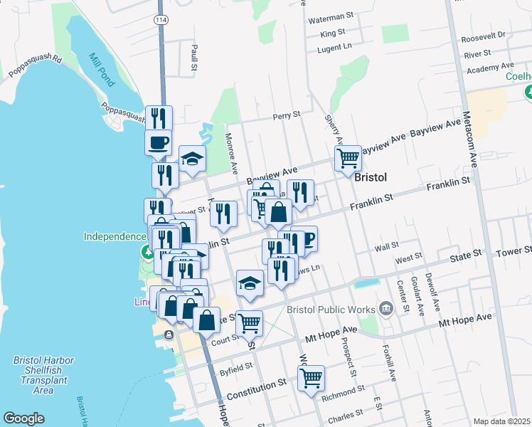 map of restaurants, bars, coffee shops, grocery stores, and more near 576 Wood Street in Bristol