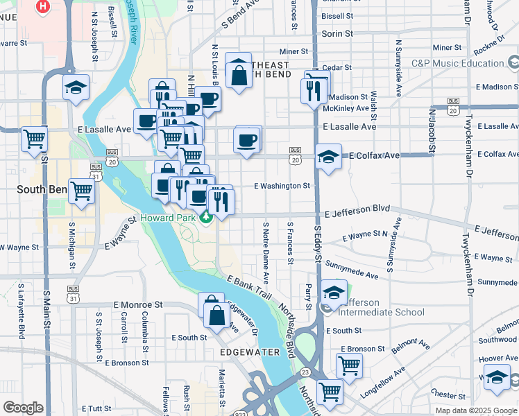 map of restaurants, bars, coffee shops, grocery stores, and more near 112 South Notre Dame Avenue in South Bend