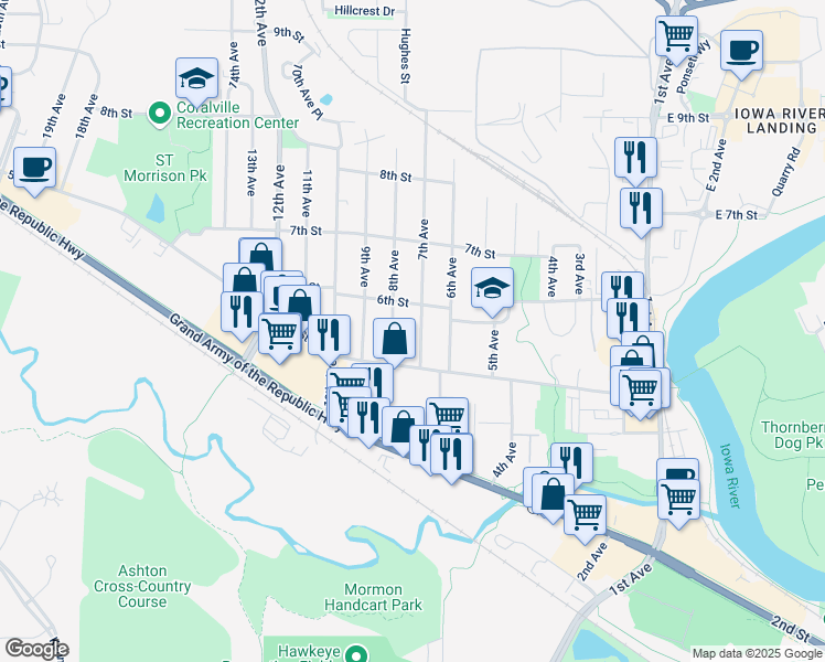 map of restaurants, bars, coffee shops, grocery stores, and more near 518 7th Avenue in Coralville