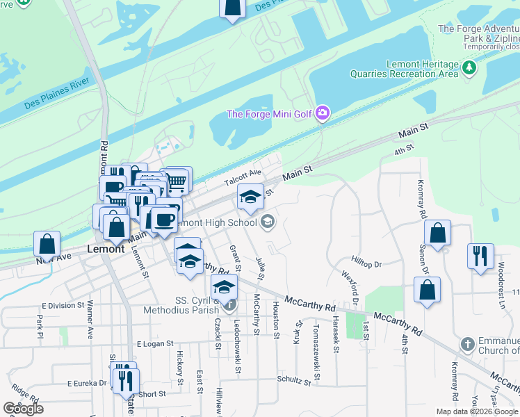 map of restaurants, bars, coffee shops, grocery stores, and more near 1005 Porter Street in Lemont