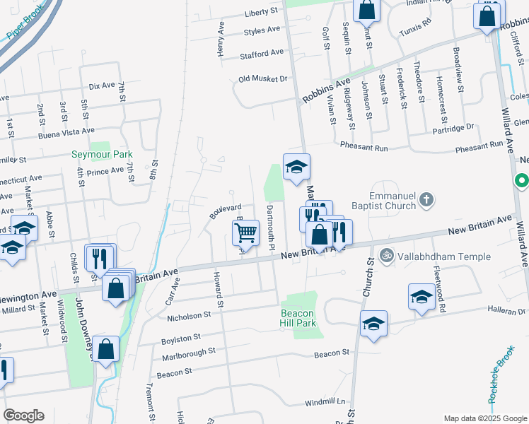 map of restaurants, bars, coffee shops, grocery stores, and more near 60 Dartmouth Place in Newington