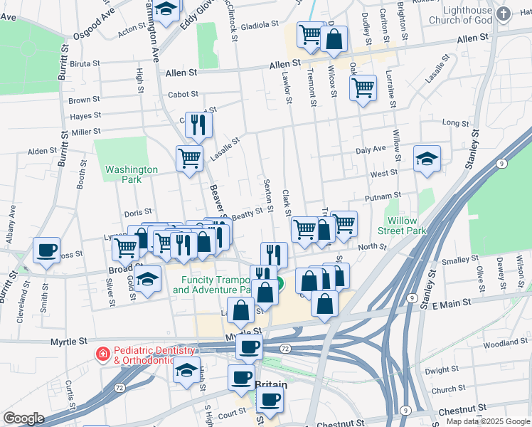 map of restaurants, bars, coffee shops, grocery stores, and more near 76 Sexton Street in New Britain