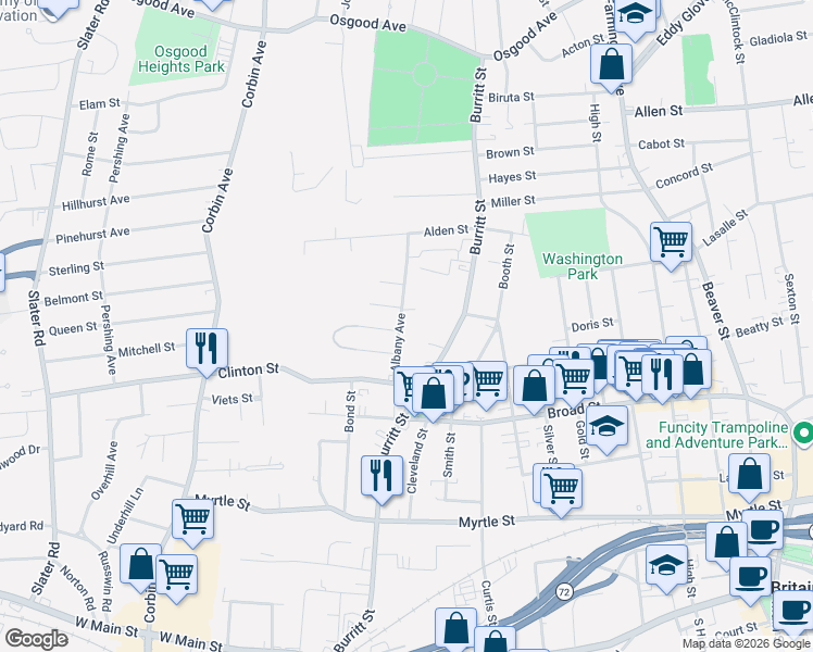 map of restaurants, bars, coffee shops, grocery stores, and more near 69 Albany Avenue in New Britain