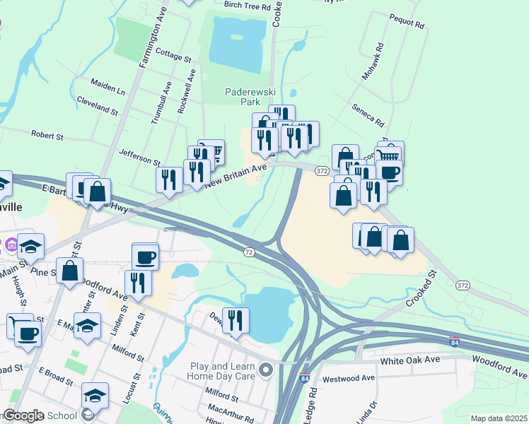 map of restaurants, bars, coffee shops, grocery stores, and more near 26 Colonial Court in Plainville