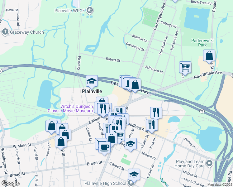 map of restaurants, bars, coffee shops, grocery stores, and more near 17 Farmington Avenue in Plainville