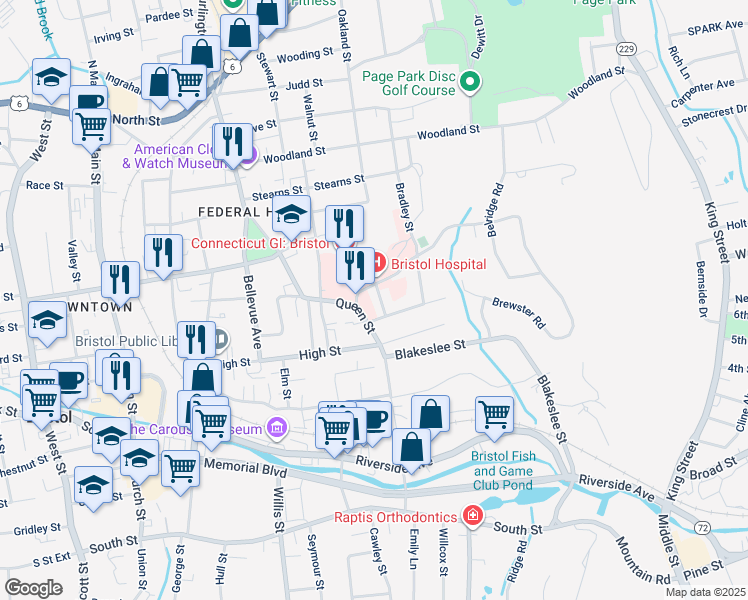 map of restaurants, bars, coffee shops, grocery stores, and more near 41 Brewster Road in Bristol