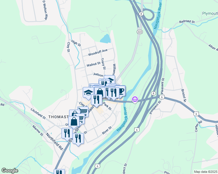 map of restaurants, bars, coffee shops, grocery stores, and more near 11 North Main Street in Thomaston