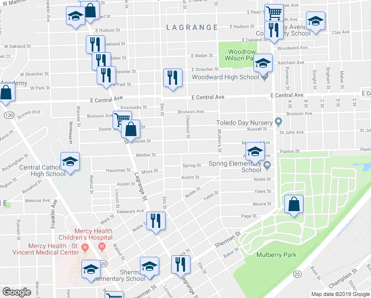 map of restaurants, bars, coffee shops, grocery stores, and more near 2826 Chestnut Street in Toledo