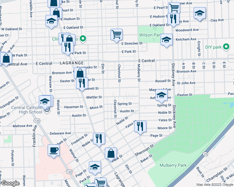 map of restaurants, bars, coffee shops, grocery stores, and more near 430 Everett Street in Toledo