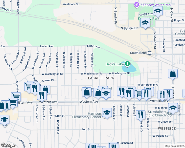 map of restaurants, bars, coffee shops, grocery stores, and more near 18 200 Block Kenmore in South Bend