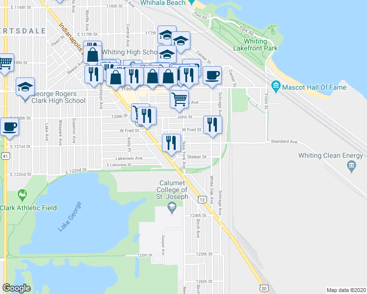 map of restaurants, bars, coffee shops, grocery stores, and more near 1441 121st Street in Whiting