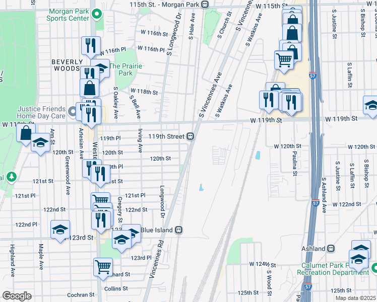 map of restaurants, bars, coffee shops, grocery stores, and more near 11957 Washington Avenue in Blue Island