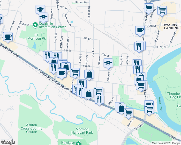 map of restaurants, bars, coffee shops, grocery stores, and more near 518 7th Avenue in Coralville