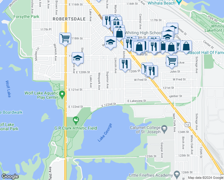 map of restaurants, bars, coffee shops, grocery stores, and more near 1108 East 121st Street in Whiting