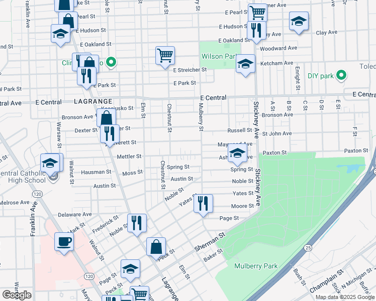 map of restaurants, bars, coffee shops, grocery stores, and more near 550 Everett Street in Toledo