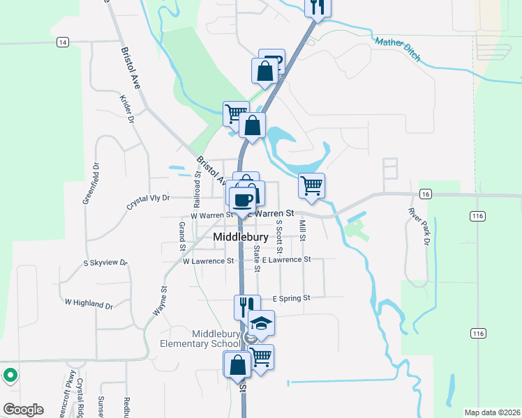 map of restaurants, bars, coffee shops, grocery stores, and more near 110 North Main Street in Middlebury