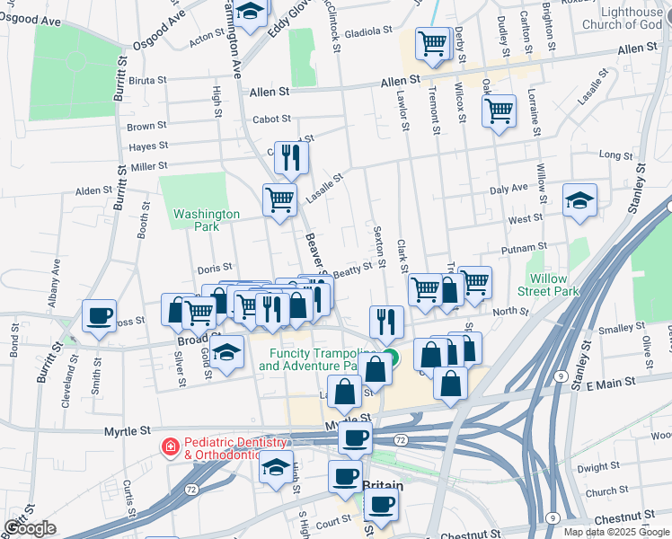 map of restaurants, bars, coffee shops, grocery stores, and more near 14 Beatty Street in New Britain
