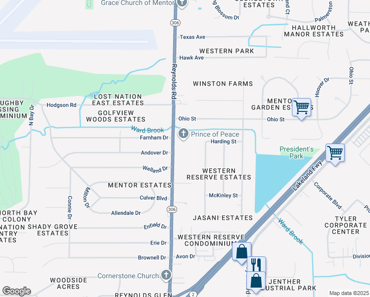 map of restaurants, bars, coffee shops, grocery stores, and more near 7205 Reynolds Road in Mentor