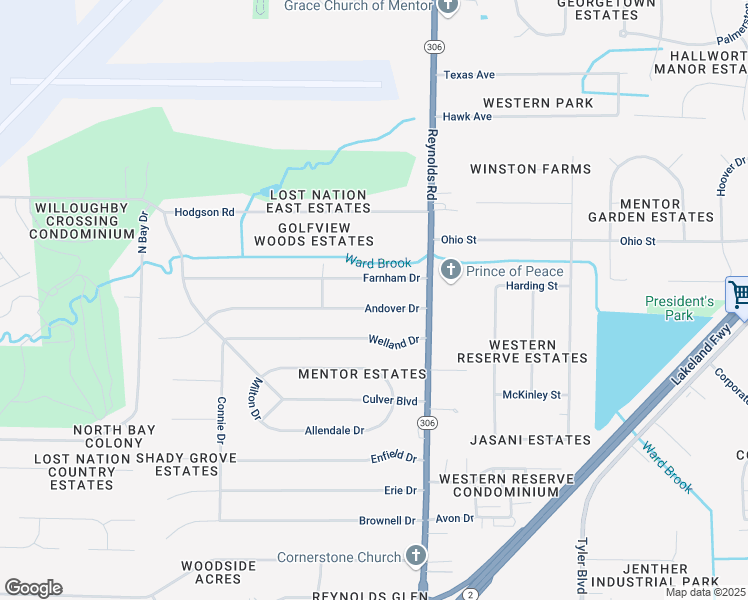 map of restaurants, bars, coffee shops, grocery stores, and more near 7270 Farnham Drive in Mentor