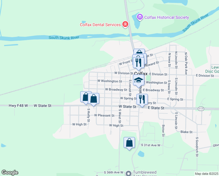 map of restaurants, bars, coffee shops, grocery stores, and more near 219 West Washington Street in Colfax