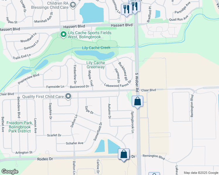 map of restaurants, bars, coffee shops, grocery stores, and more near 652 Lakewood Farms Drive in Bolingbrook