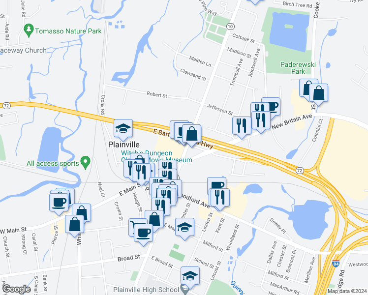 map of restaurants, bars, coffee shops, grocery stores, and more near 17 Farmington Avenue in Plainville