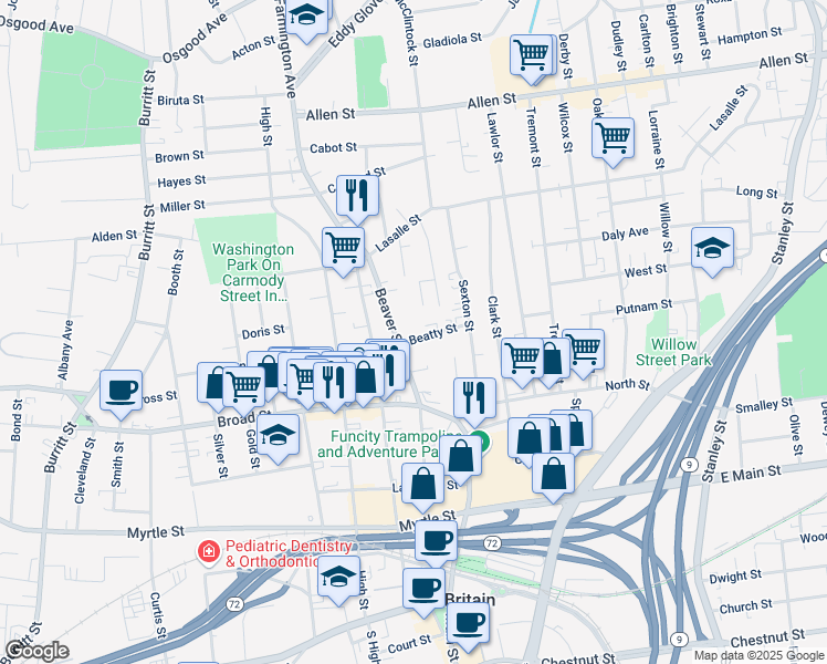 map of restaurants, bars, coffee shops, grocery stores, and more near 27 Beatty Street in New Britain