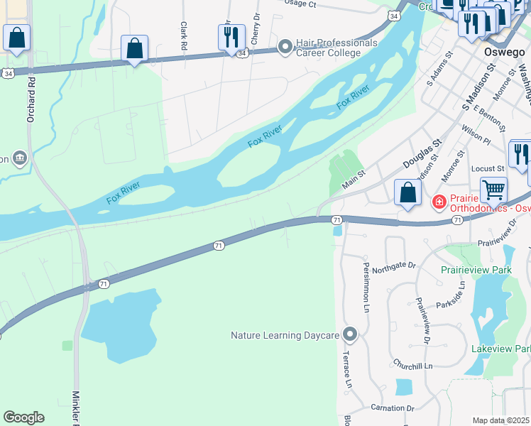 map of restaurants, bars, coffee shops, grocery stores, and more near 5453 Illinois 71 in Oswego
