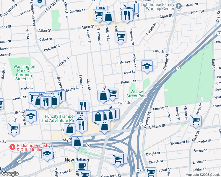 map of restaurants, bars, coffee shops, grocery stores, and more near 55 Tremont Street in New Britain