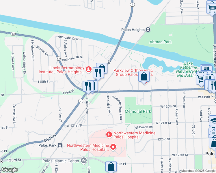 map of restaurants, bars, coffee shops, grocery stores, and more near 7880 West College Drive in Palos Heights