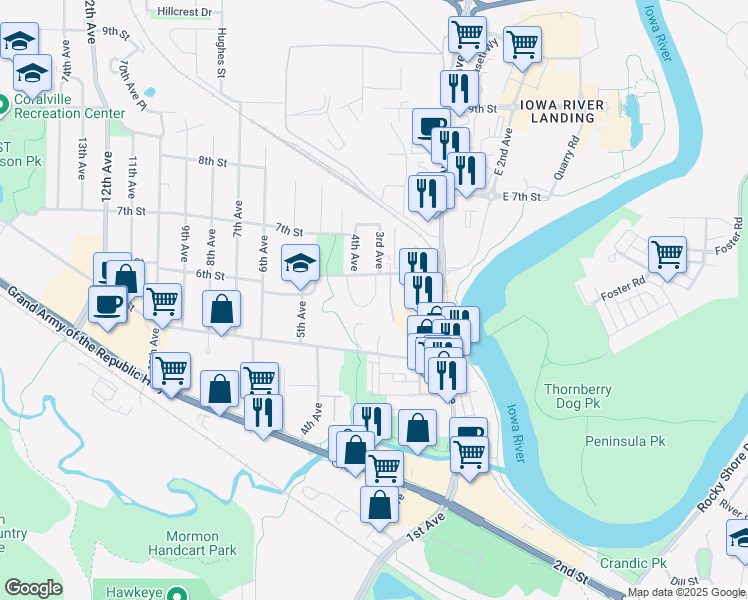 map of restaurants, bars, coffee shops, grocery stores, and more near 302 6th Street in Coralville