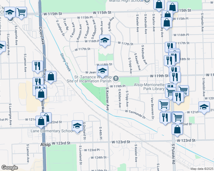 map of restaurants, bars, coffee shops, grocery stores, and more near 11910 South Kostner Avenue in Alsip
