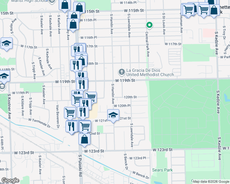map of restaurants, bars, coffee shops, grocery stores, and more near 11934 South Ridgeway Avenue in Alsip
