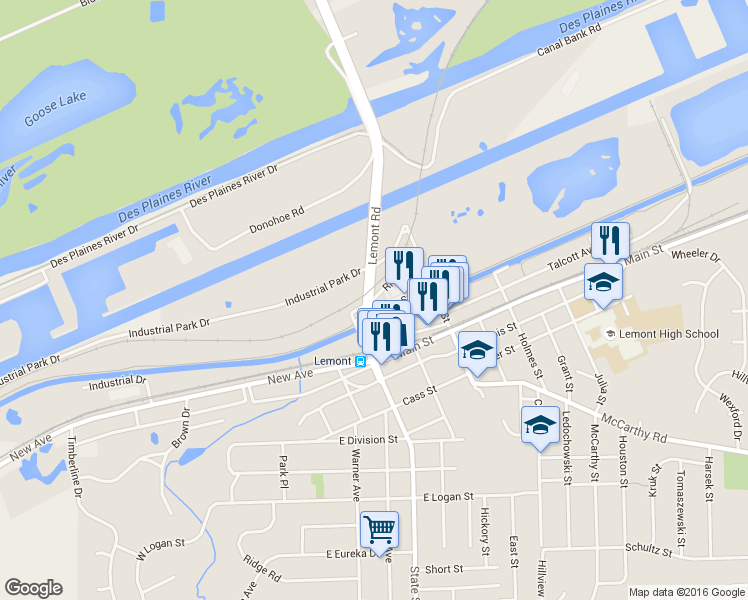 map of restaurants, bars, coffee shops, grocery stores, and more near 340 River Street in Lemont