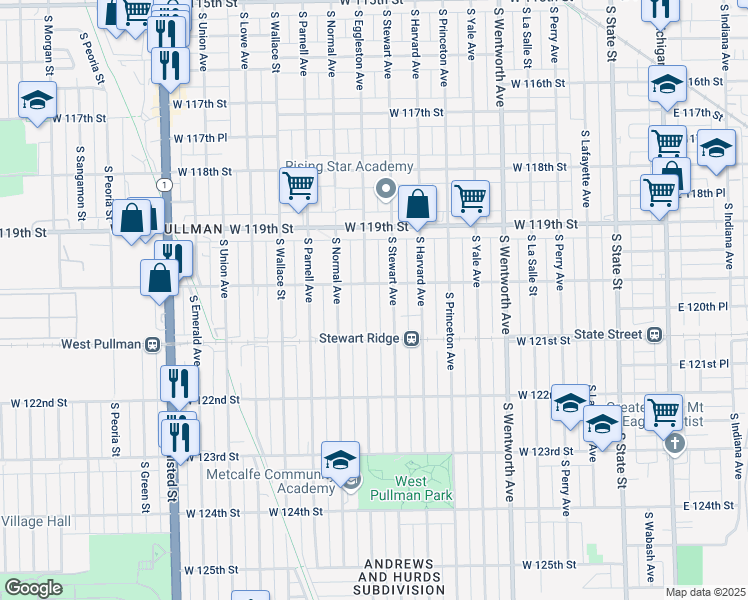 map of restaurants, bars, coffee shops, grocery stores, and more near 12013 South Eggleston Avenue in Chicago