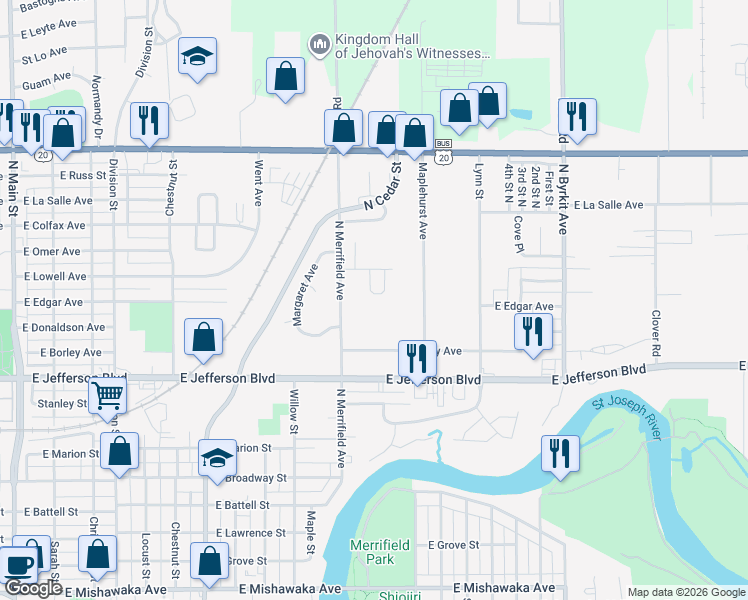map of restaurants, bars, coffee shops, grocery stores, and more near 1700-1799 Village Circle in Mishawaka