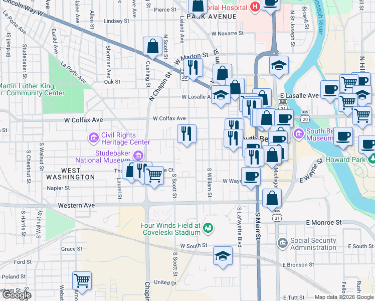 map of restaurants, bars, coffee shops, grocery stores, and more near 101 South Taylor Street in South Bend