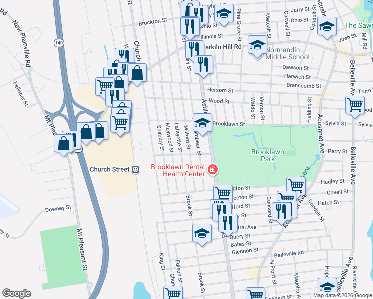 map of restaurants, bars, coffee shops, grocery stores, and more near 115 Milford Street in New Bedford