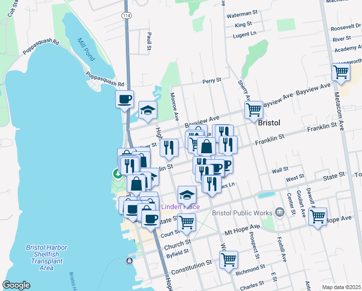 map of restaurants, bars, coffee shops, grocery stores, and more near 43 Monroe Avenue in Bristol