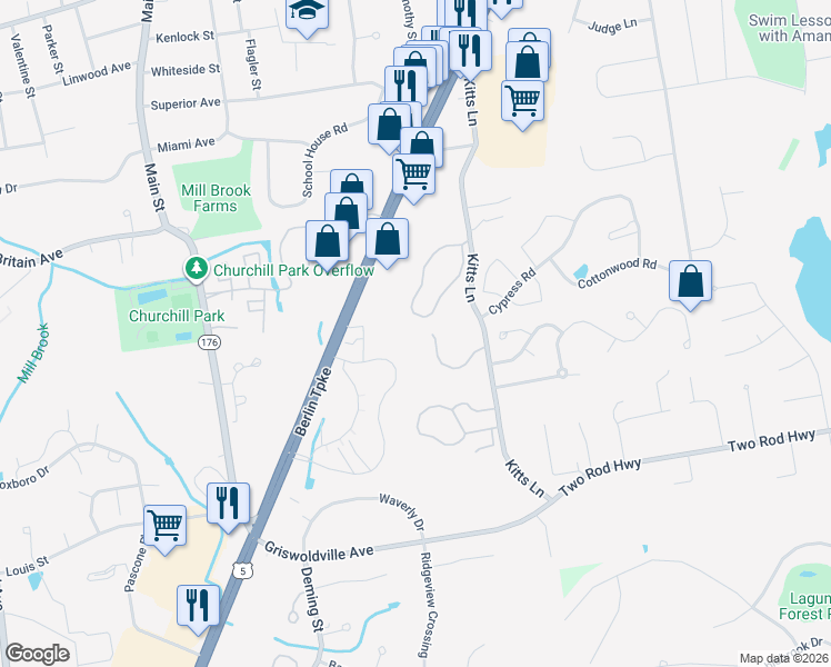 map of restaurants, bars, coffee shops, grocery stores, and more near 67 Crown Ridge in Newington