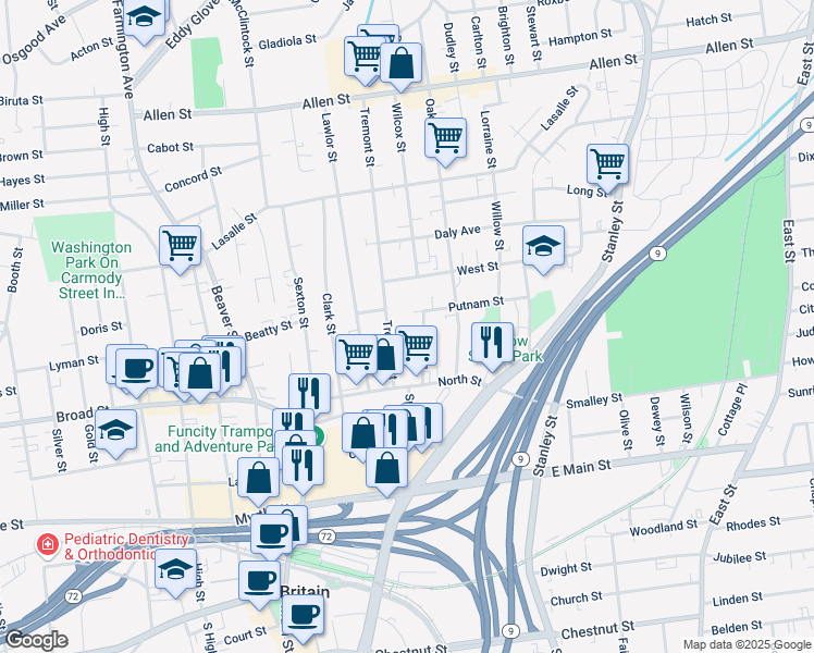 map of restaurants, bars, coffee shops, grocery stores, and more near 55 Tremont Street in New Britain