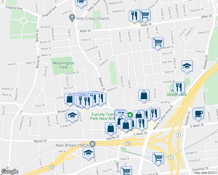 map of restaurants, bars, coffee shops, grocery stores, and more near 22 Beatty Street in New Britain