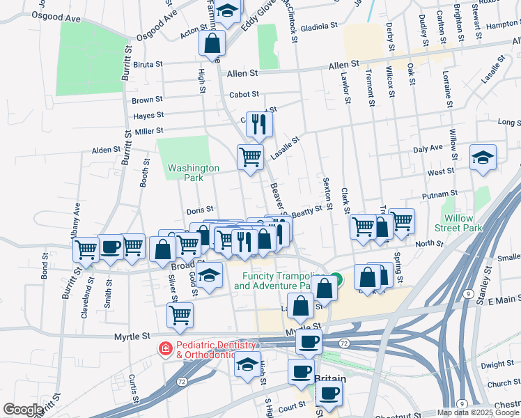map of restaurants, bars, coffee shops, grocery stores, and more near 295 High Street in New Britain