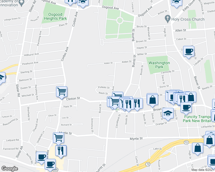 map of restaurants, bars, coffee shops, grocery stores, and more near 36 Marmon Street in New Britain