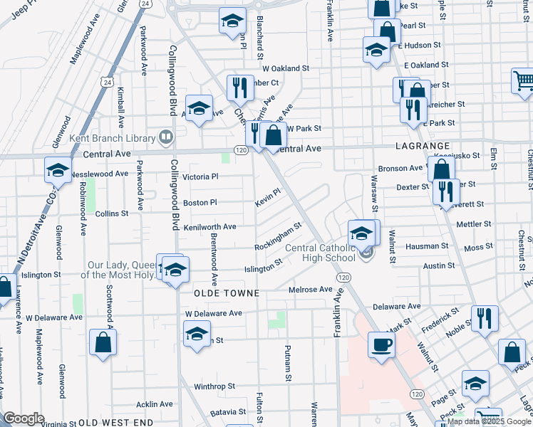 map of restaurants, bars, coffee shops, grocery stores, and more near 239 Kevin Place in Toledo
