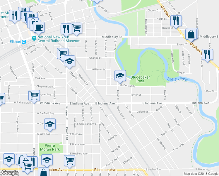 map of restaurants, bars, coffee shops, grocery stores, and more near 712 McDonald Street in Elkhart