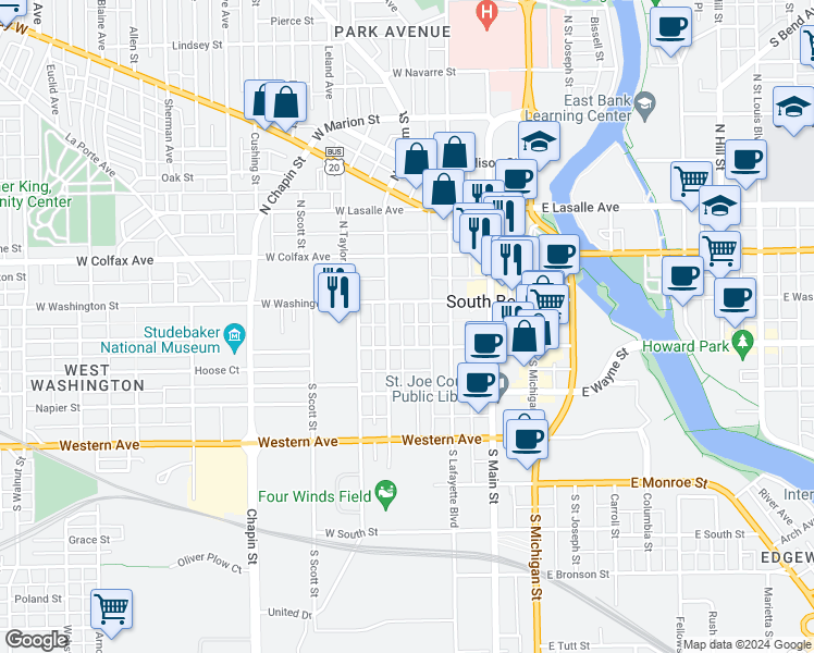 map of restaurants, bars, coffee shops, grocery stores, and more near 420 West Washington Street in South Bend